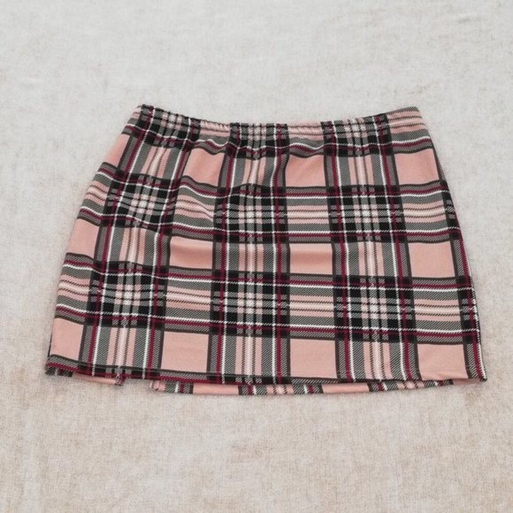 Shein Curve Red, White, Pink Striped Plaid Mini Skirt Size 3XL
